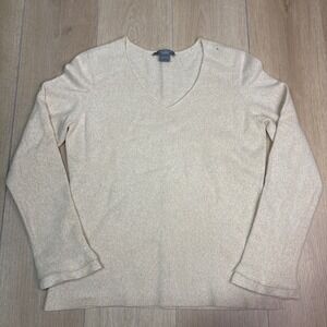 Ann Taylor Cashmere Metallic Shimmer V-Neck Ruffle Cuff Sweater Cream Gold L